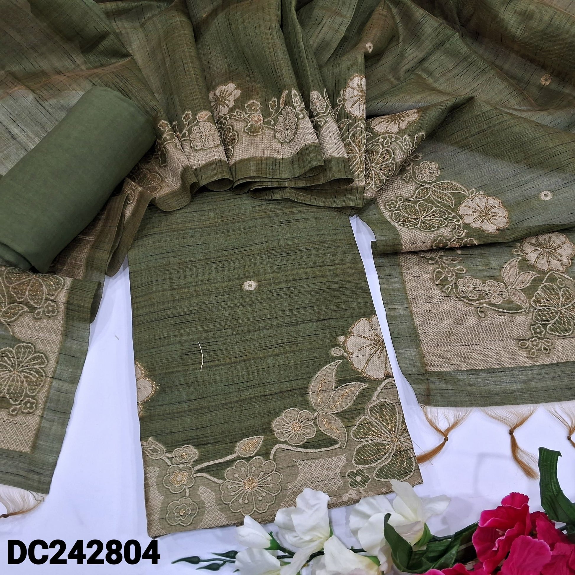 CODE DC242804: Sage green shade jamdani woven premium silk cotton unstitched salwar material(thin fabric lining