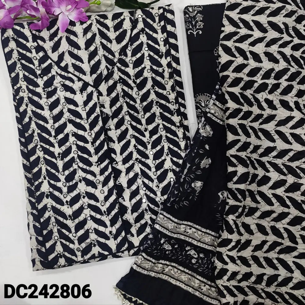 CODE DC242806: White base black printed pure soft cotton unstitched salwar material bead& faux mirror work