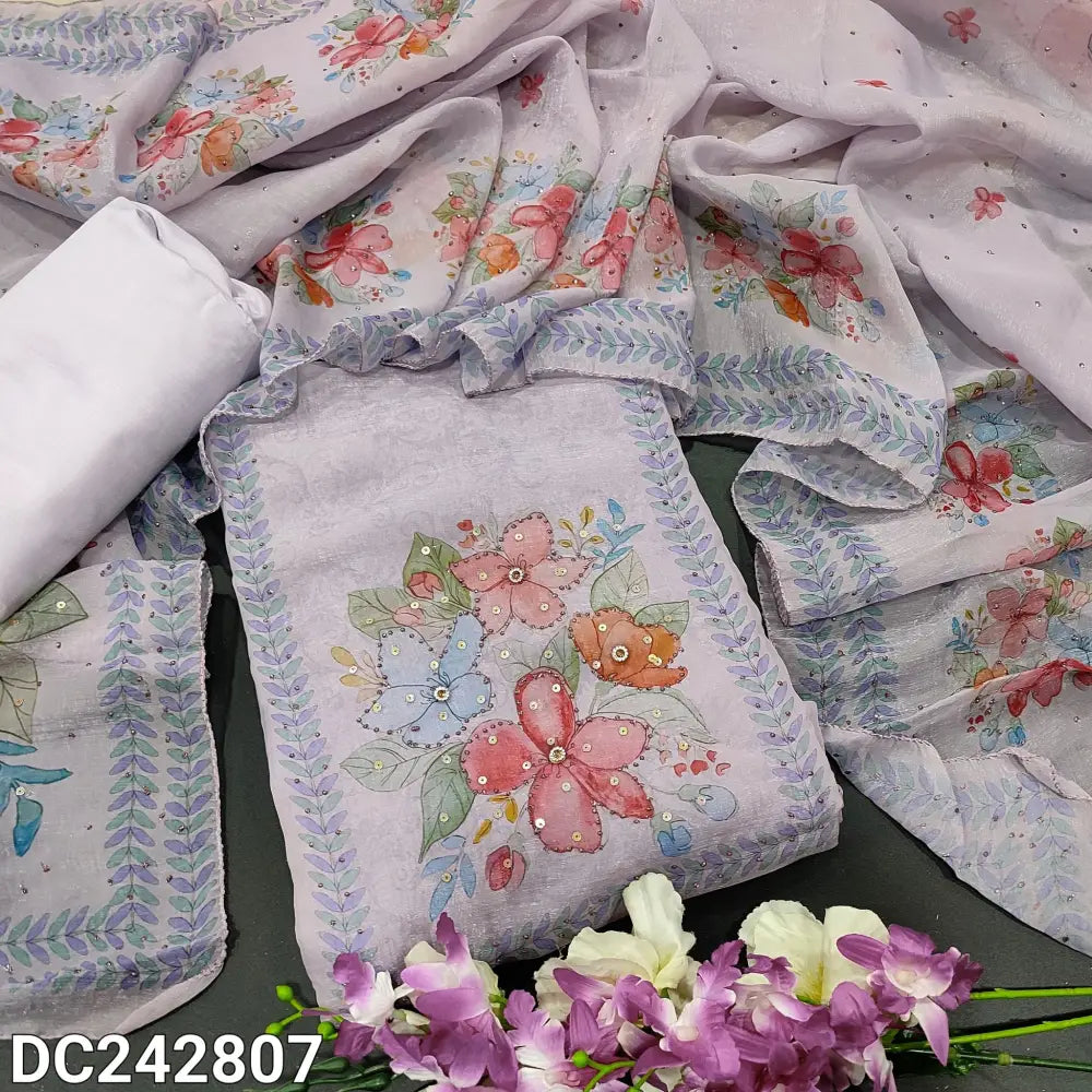 CODE DC242807: Lavender jimmy choo unstitched salwar material floral printed yoke with sequins work(thin fabric lining