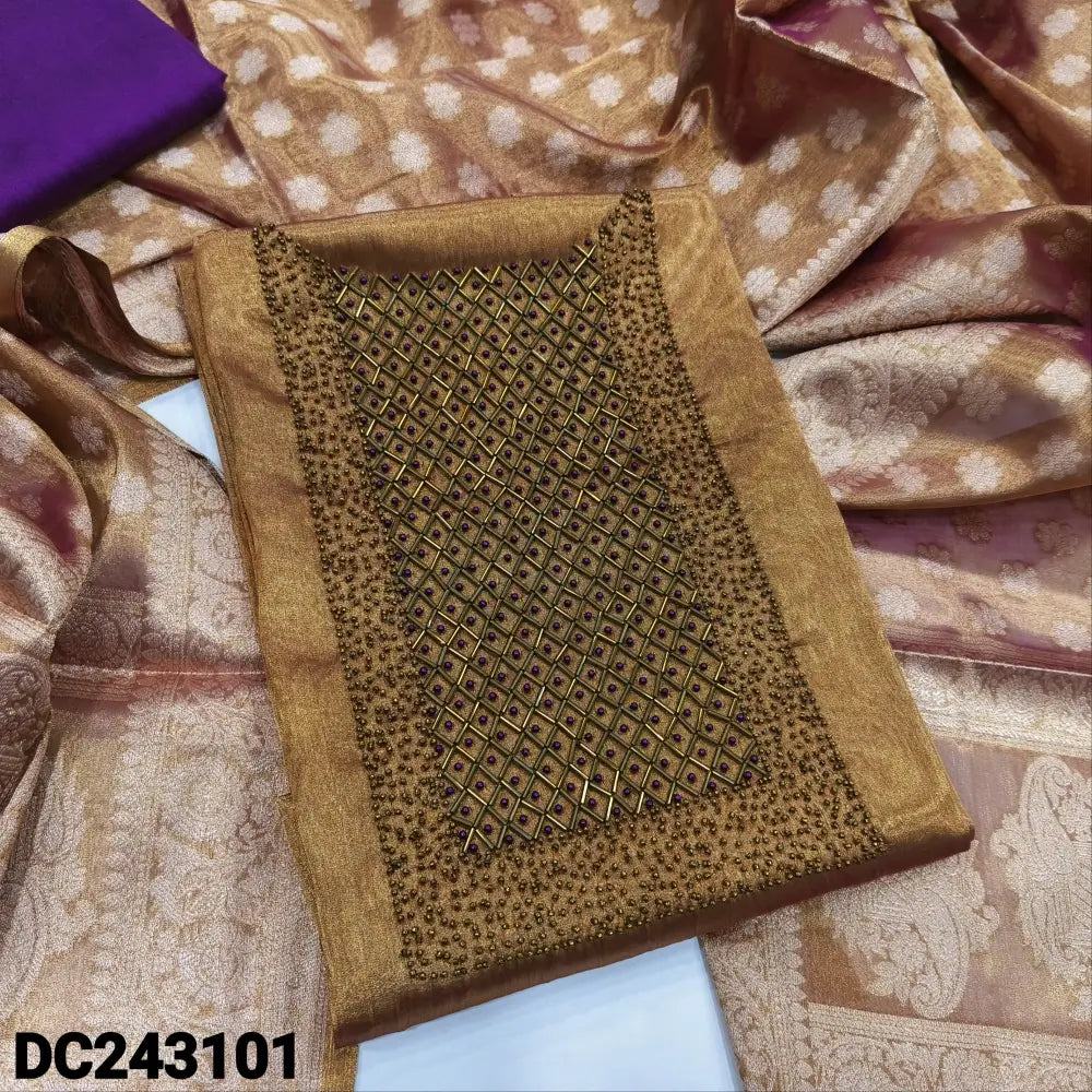 CODE DC243101: Gold with purple tint premium tissue silk cotton unstitched salwar material heavy bead work on yoke(thin