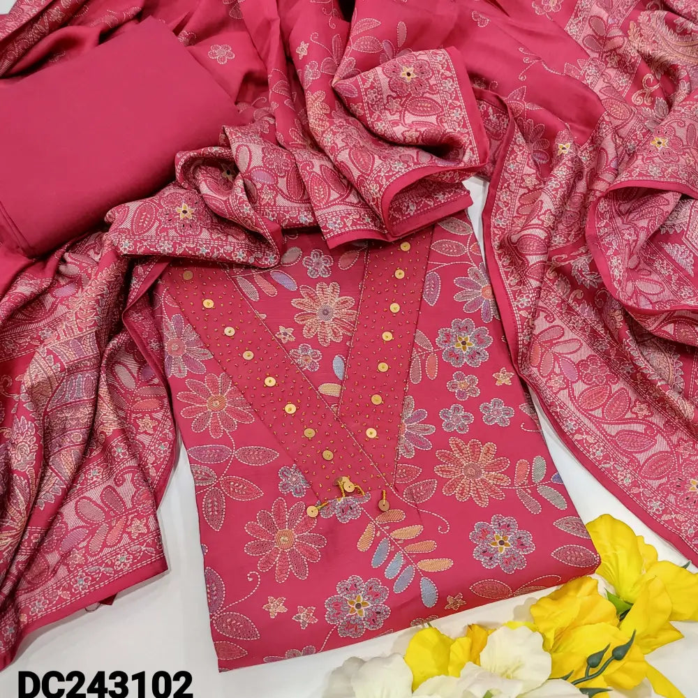 CODE DC243102: Pink floral printed modal maslin unstitched salwar material v neck with bead& sequins work(lining