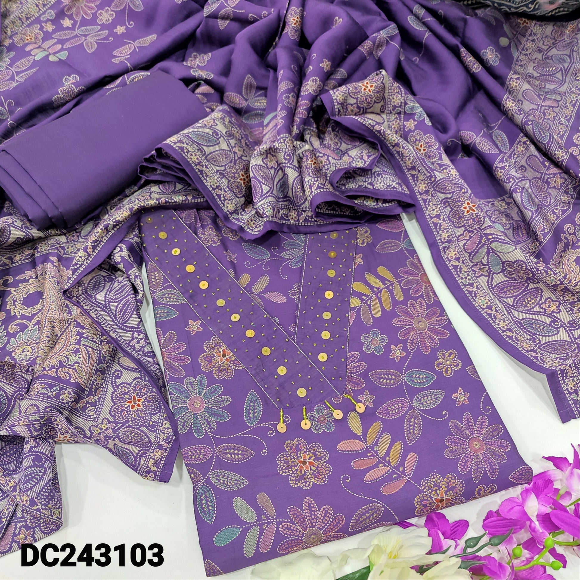 CODE DC243103: Purple floral printed modal maslin unstitched salwar material v neck with bead& sequins work(lining