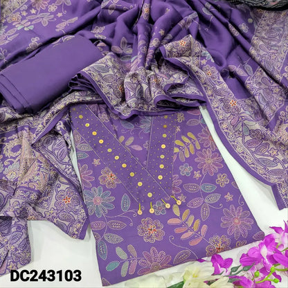 CODE DC243103: Purple floral printed modal maslin unstitched salwar material v neck with bead& sequins work(lining