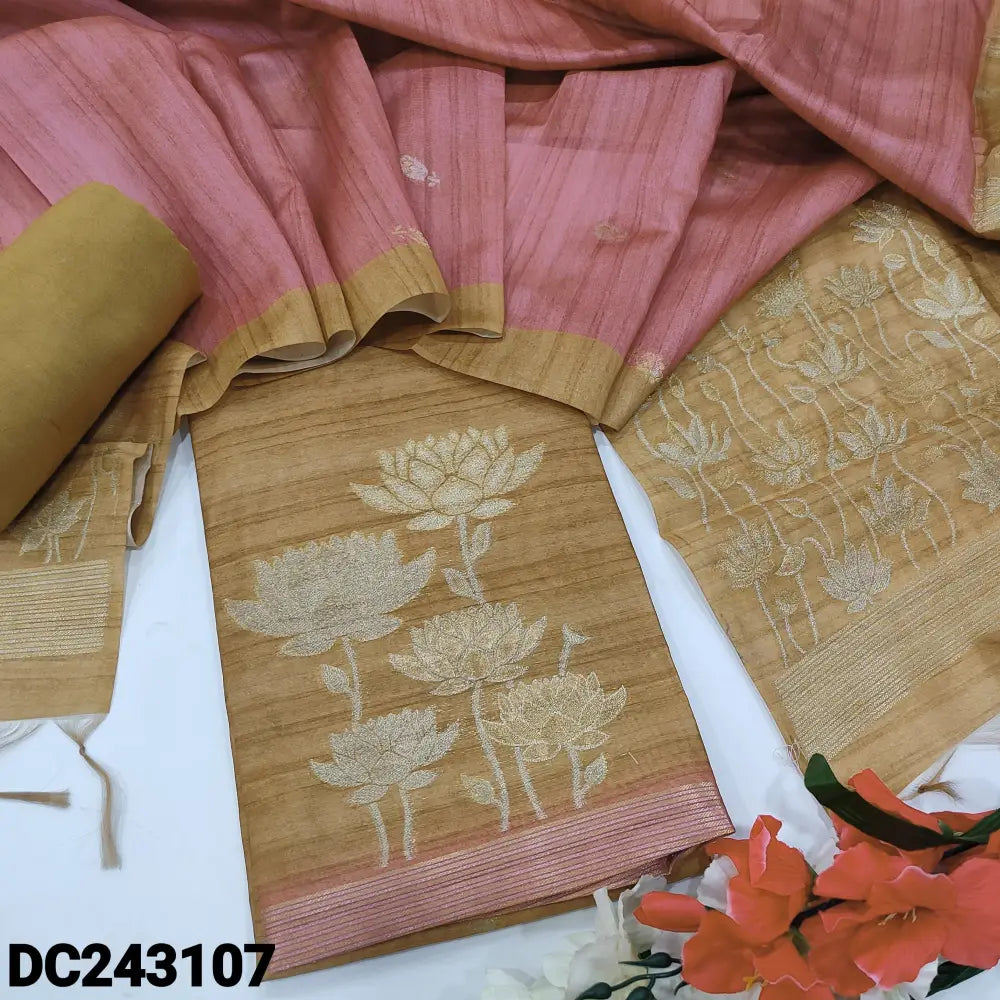 CODE DC243107: Rich beige jamdani woven semi jute silk unstitched salwar material(thin fabric lining needed)matching