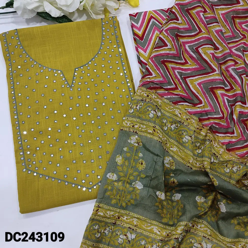 CODE DC243109: Mehandhi yellow slub cotton unstitched salwar material faux mirror work on yoke(thin fabric lining