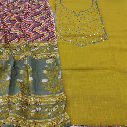 CODE DC243109: Mehandhi yellow slub cotton unstitched salwar material faux mirror work on yoke(thin fabric lining