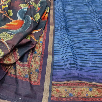 CODE DC243110: Dark blue &purple dual shaded digital printed premium fancy silk unstitched salwar material(thin fabric