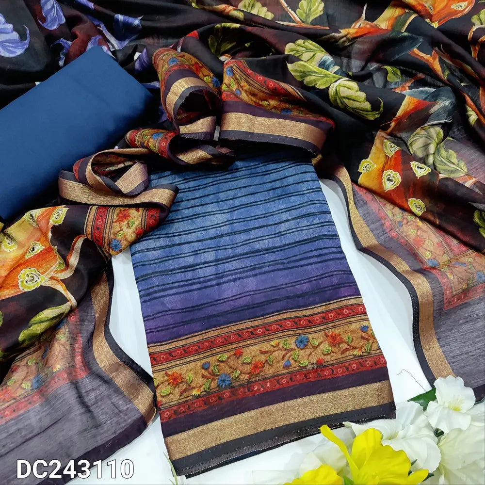 CODE DC243110: Dark blue &purple dual shaded digital printed premium fancy silk unstitched salwar material(thin fabric