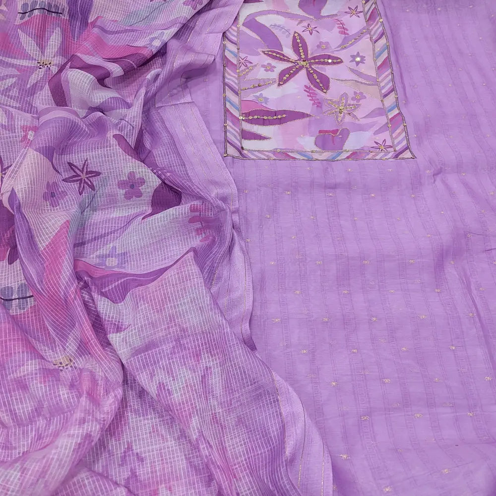 CODE DC243111: Lavender soft silk cotton unstitched salwar material zari& sequins work on yoke zari buttas all