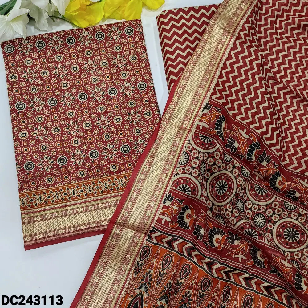 CODE DC243113: Reddish maroon printed premium cotton unstitched salwar material(lining optional)zigzag printed cotton
