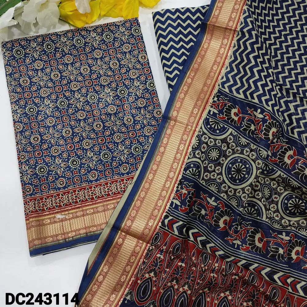 CODE DC243114: Dark blue printed premium cotton unstitched salwar material(lining optional)zigzag printed cotton bottom