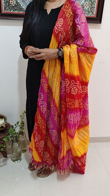 CODE DUP3: Vibrant digital printed fancy silk cotton crinkled dupatta with fancy tassels.