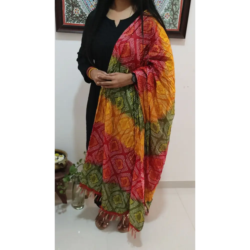 CODE DUP5: Vibrant digital printed fancy silk cotton crinkled dupatta with fancy tassels.