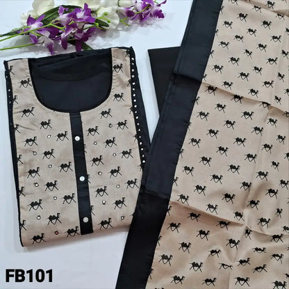 CODE FB101: Black satin cotton unstitched salwar material printed &faux mirror work on yoke(lining optional)matching