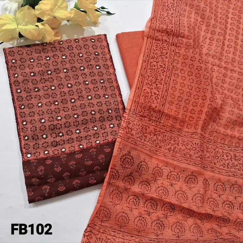 CODE FB102: Maroon block printed soft cotton unstitched salwar material real mirror &bead work on yoke(lining