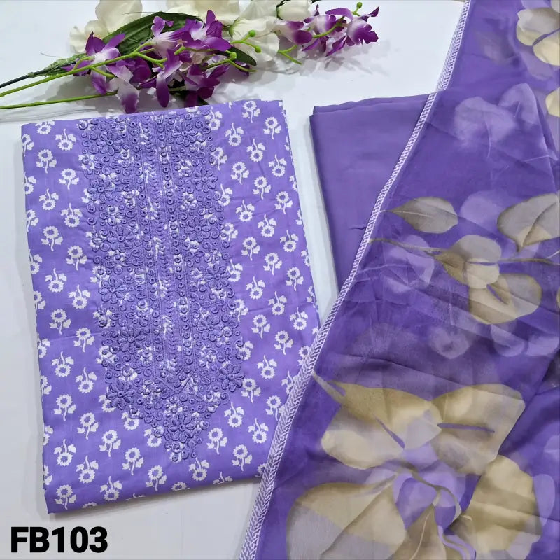 CODE FB103: Purple floral printed soft cotton unstitched salwar material embroidered on yoke(thin fabric lining