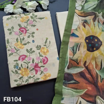 CODE FB104: Beige printed semi linen unstitched salwar material embroidered on front(thin fabric lining needed)matching