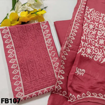 CODE FB107: Pink original wax batik dyed soft silk cotton unstitched salwar material embroidered on yoke& front(thin