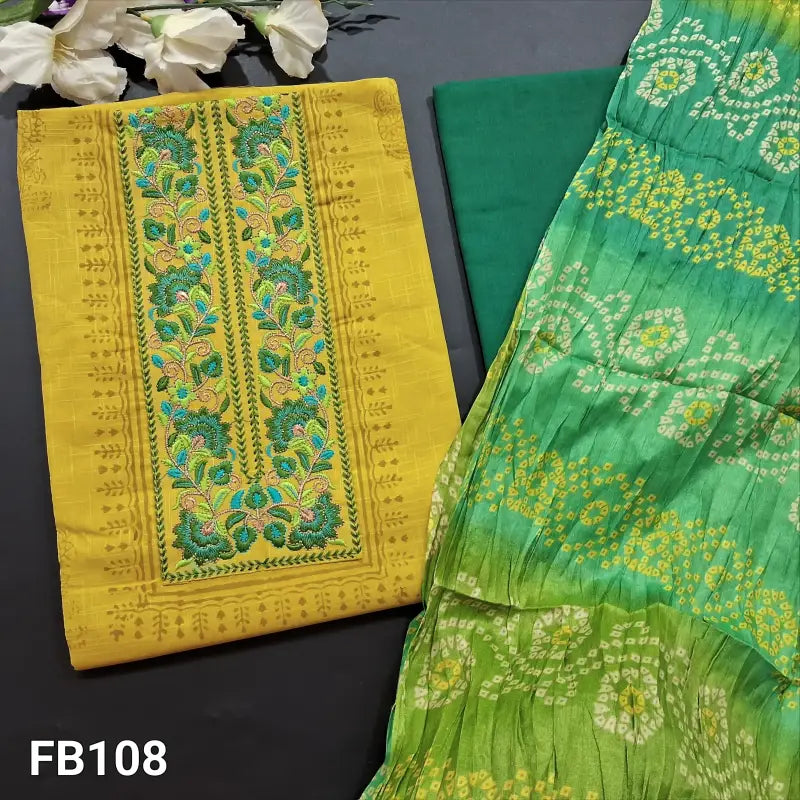 CODE FB108: Light yellow slub cotton unstitched salwar material embroidered yoke block printed on front(lining