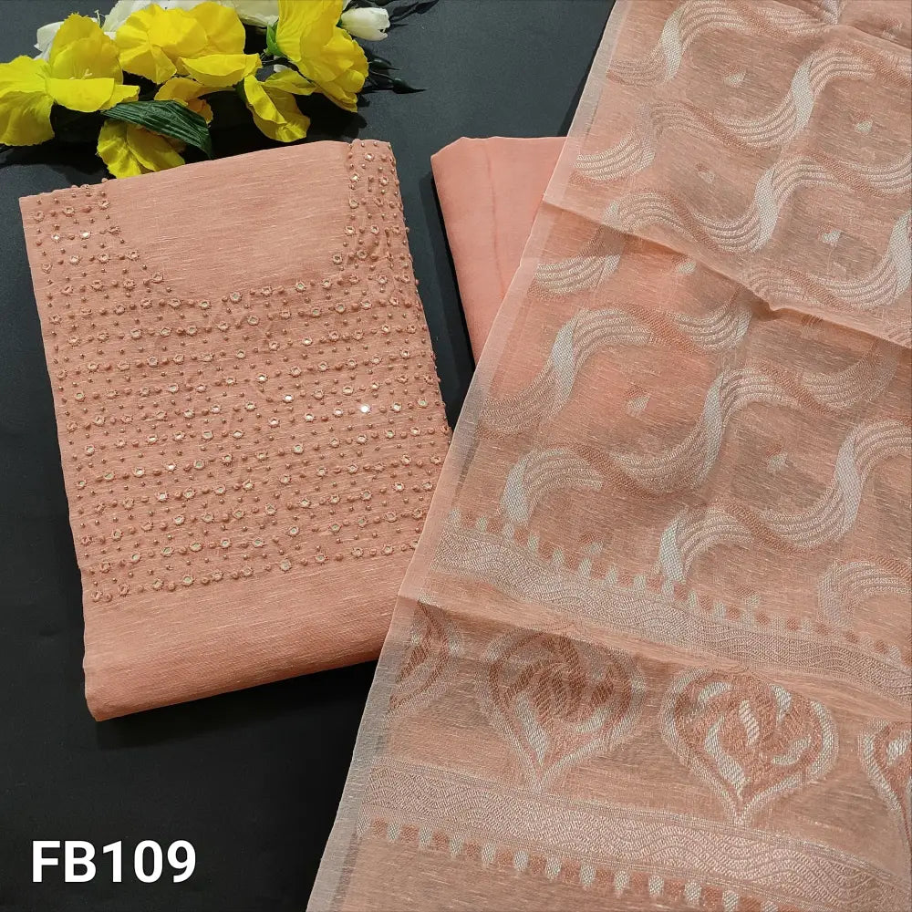 Pastel peach slub silk cotton unstitched salwar material bead& faux mirror work on yoke(thin fabric lining
