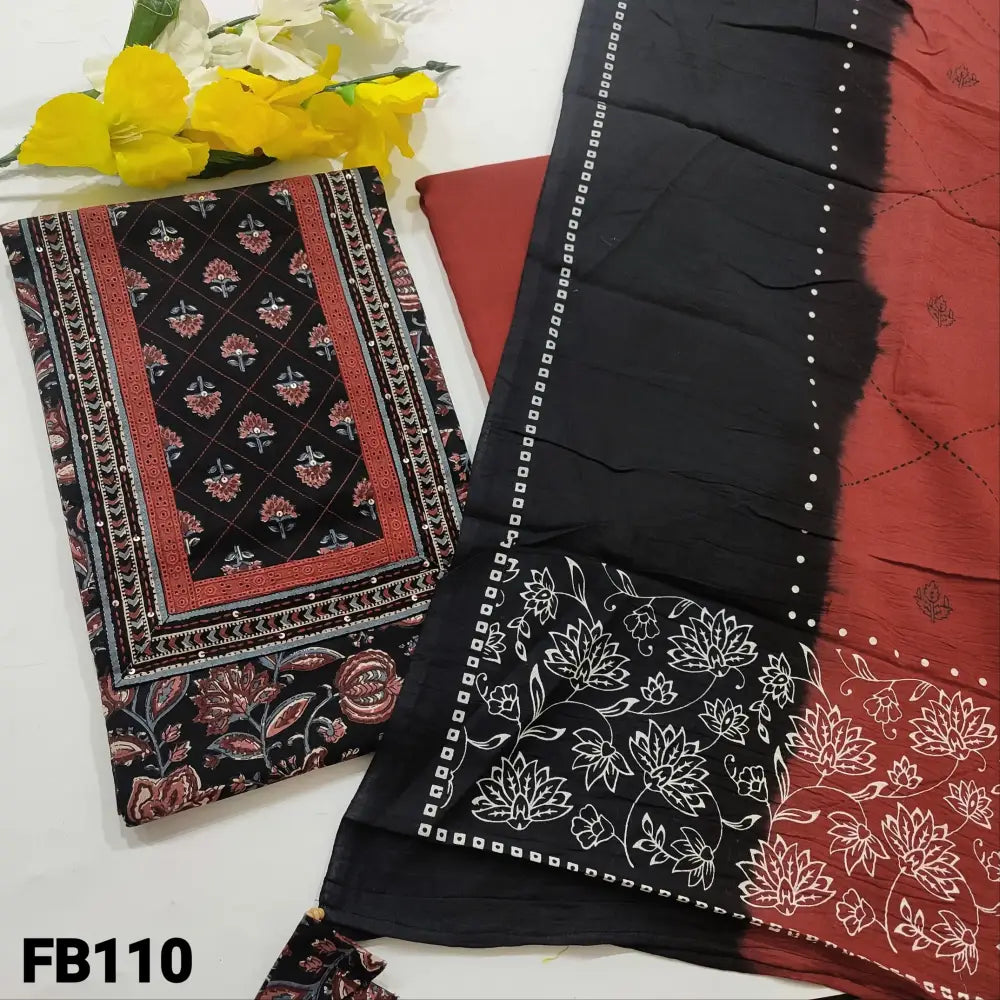 CODE FB110: Black block printed soft cotton unstitched salwar material sequins work on yoke(lining optional)maroon