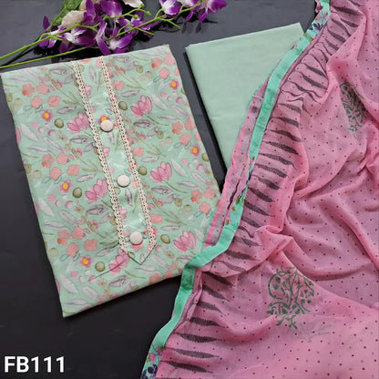 CODE FB111: Pastel blue floral printed soft cotton unstitched salwar material fancy buttons on yoke(thin fabric lining