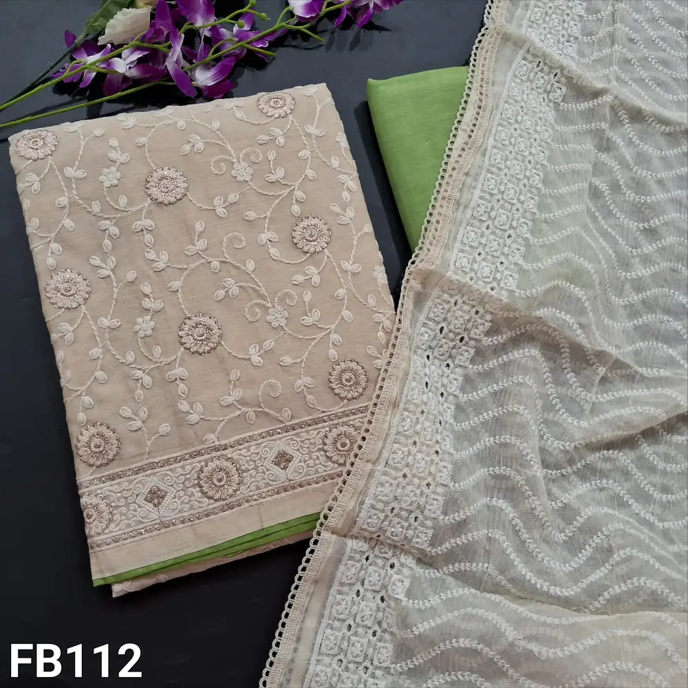 CODE FB112: Rich beige heavy embroidered silk cotton unstitched salwar material(thin fabric lining needed)light green