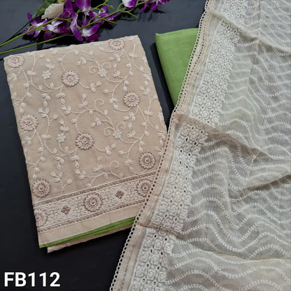 CODE FB112: Rich beige heavy embroidered silk cotton unstitched salwar material(thin fabric lining needed)light green