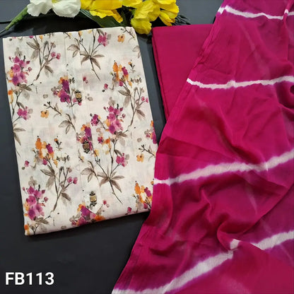 CODE FB113: Half white base floral printed semi linen unstitched salwar material fancy buttons on yoke(thin fabric