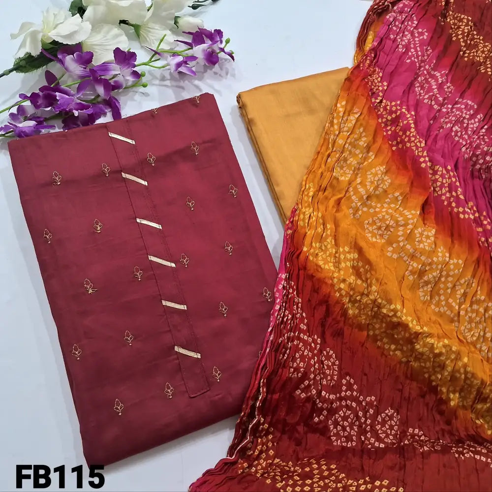 CODE FB115: Maroon cotton unstitched salwar material embroidered on front(lining optional)mango yellow silk cotton