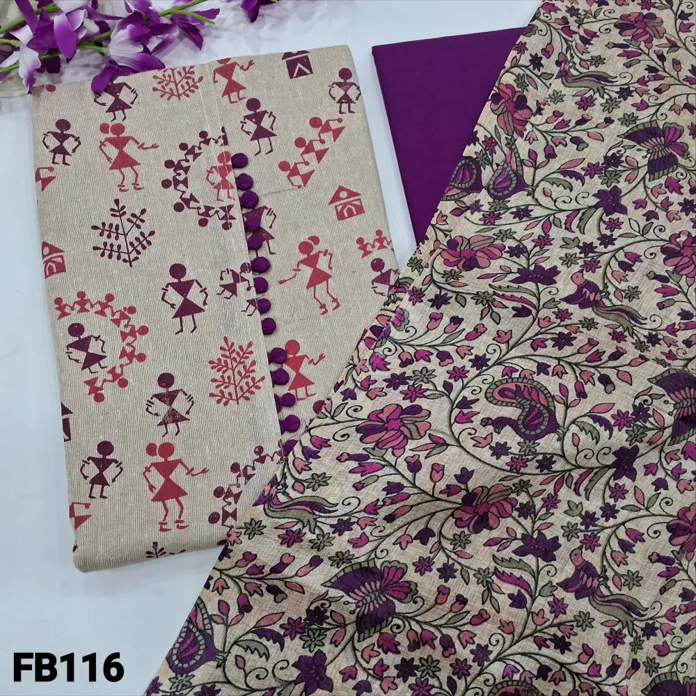 CODE FB116: Beige warli printed jute cotton unstitched salwar material potli buttons on yoke((lining optional)purple
