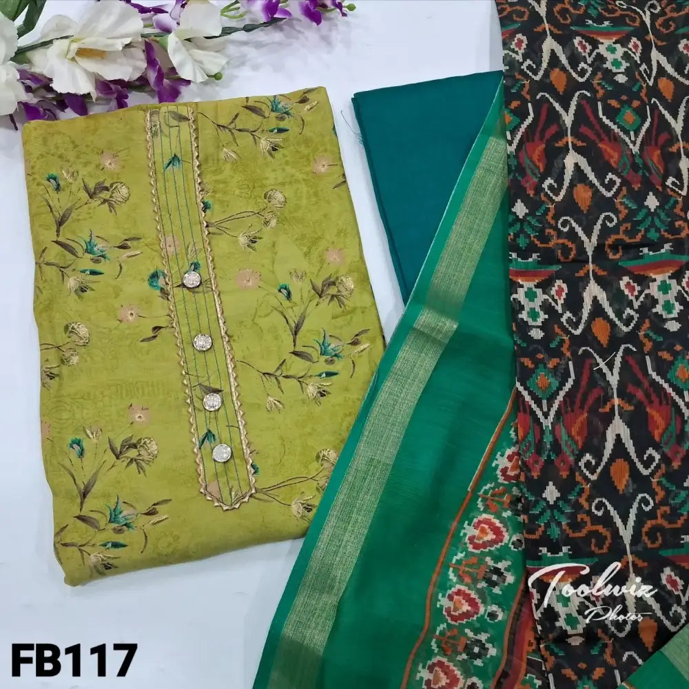 CODE FB117: Light green floral printed soft silk cotton unstitched salwar material fancy buttons on yoke(lining