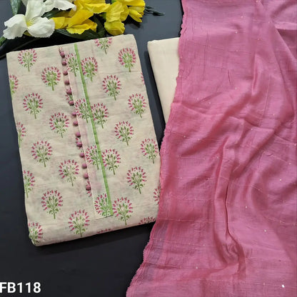 CODE FB118: Light beige silk cotton unstitched salwar material potli buttons on yoke(lining needed)matching lining
