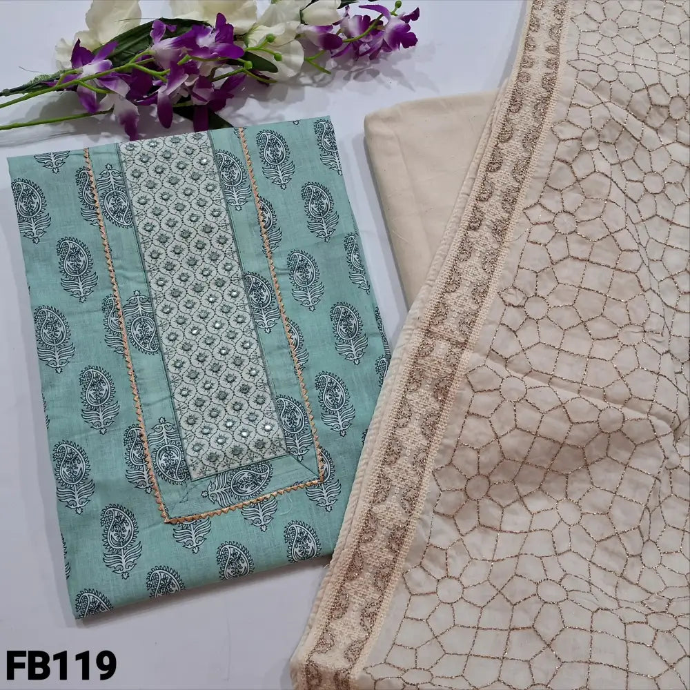 CODE FB119: Pastel blue printed pure soft cotton unstitched salwar material(lining needed)beige cotton bottom heavy