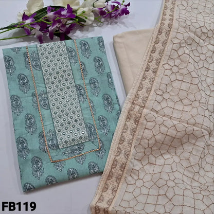 CODE FB119: Pastel blue printed pure soft cotton unstitched salwar material(lining needed)beige cotton bottom heavy