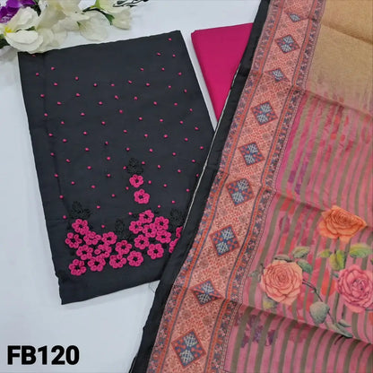 CODE FB120: Black fancy silk cotton unstitched salwar material embroidered on yoke(lining optional)pink cotton bottom