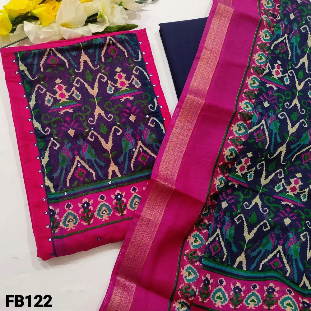 CODE FB122: Bright pink slub cotton unstitched salwar material patola printed yoke with faux mirror work(lining