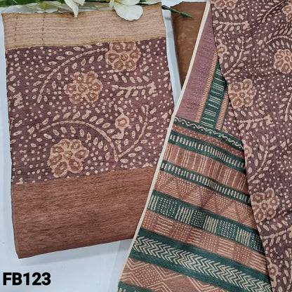 CODE FB123: Light brown semi jute silk unstitched salwar material(thin fabric lining needed)matching silky bottom