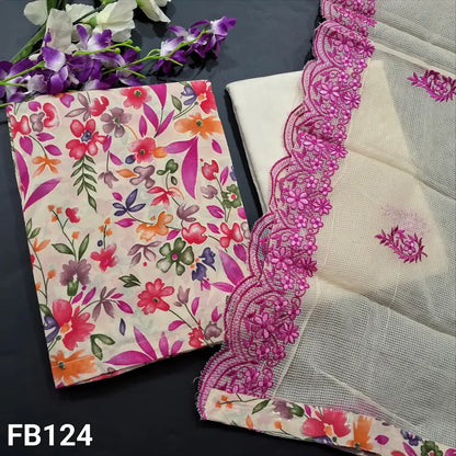 CODE FB124: Multi color floral printed soft cotton unstitched salwar material(lining needed)half white silk cotton