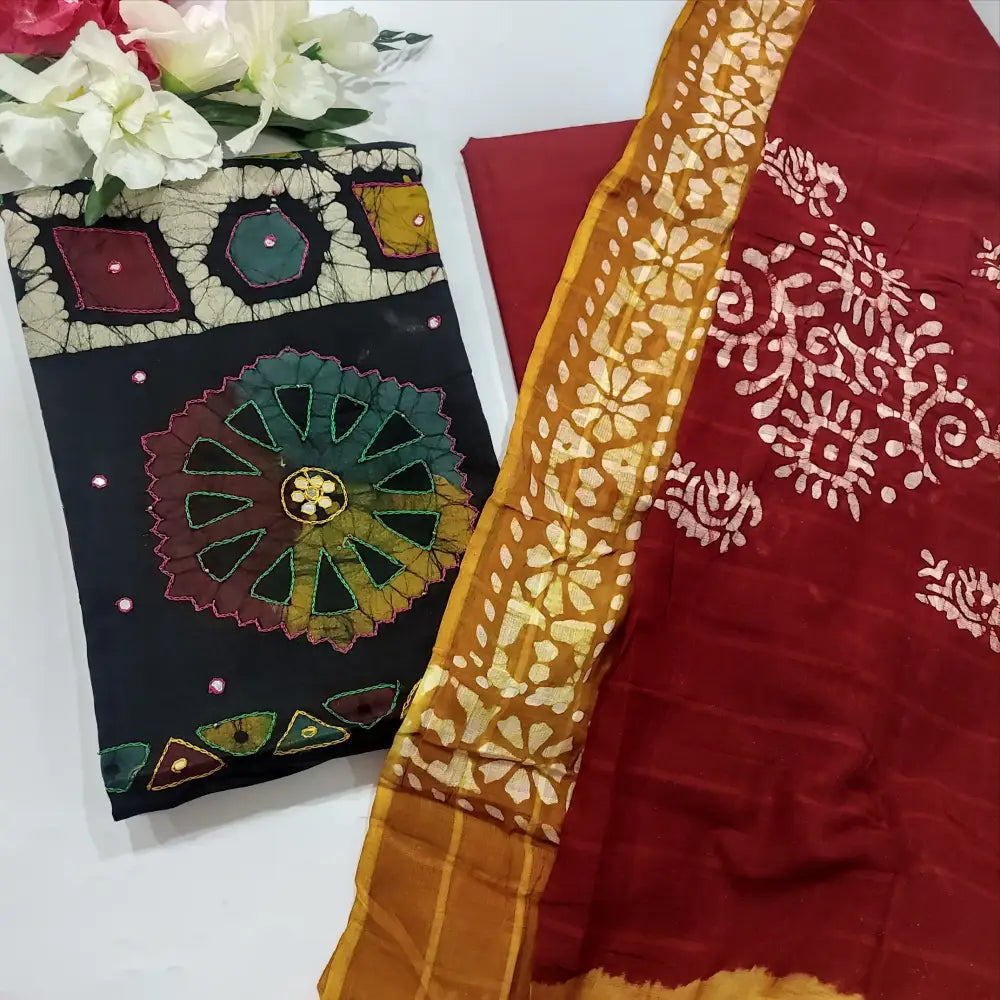 CODE FB128: Multi color wax batik dyed pure cotton unstitched salwar material thread& faux mirror work on yoke(lining