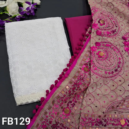 CODE FB129: Half white silk cotton unstitched salwar material heavy embroidered on front(thin fabric lining needed)dark