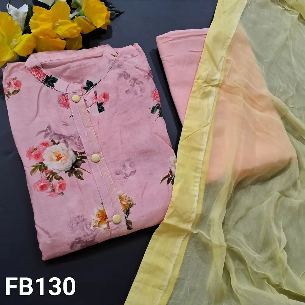 CODE FB130: Pastel pink floral printed pure maslin silk unstitched salwar material fancy buttons on yoke(thin fabric