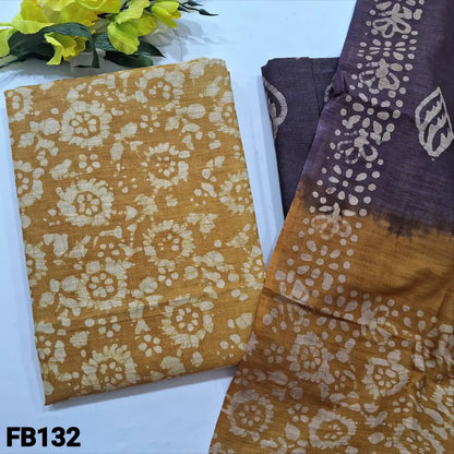 CODE FB132: Light mehandhi yellow original wax batik dyed bagalpuri jute silk unstitched salwar material(lining
