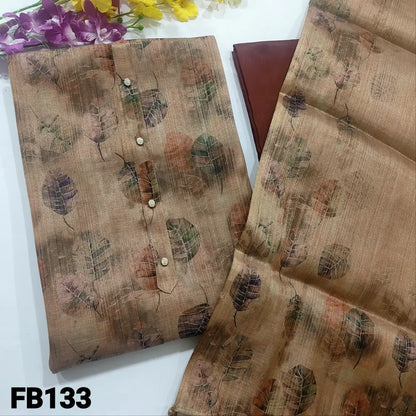 CODE FB133: Light chocolate brown leafy printed fancy tissue silk cotton unstitched salwar material fancy buttons