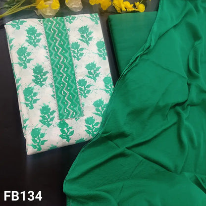 CODE FB134: Half white printed soft cotton unstitched salwar material(thin fabric lining needed)turquoise green drum
