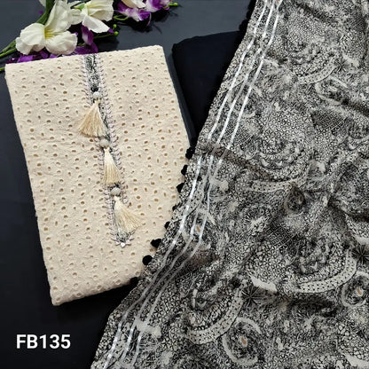 CODE FB135: Half white schiffli embroidered pure cotton unstitched salwar material printed daman(thin fabric lining