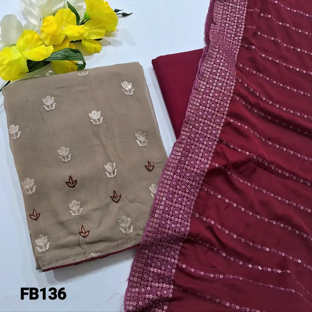 CODE FB136: Light grey embroidered semi georgette unstitched salwar material(thin fabric lining needed)maroon cotton