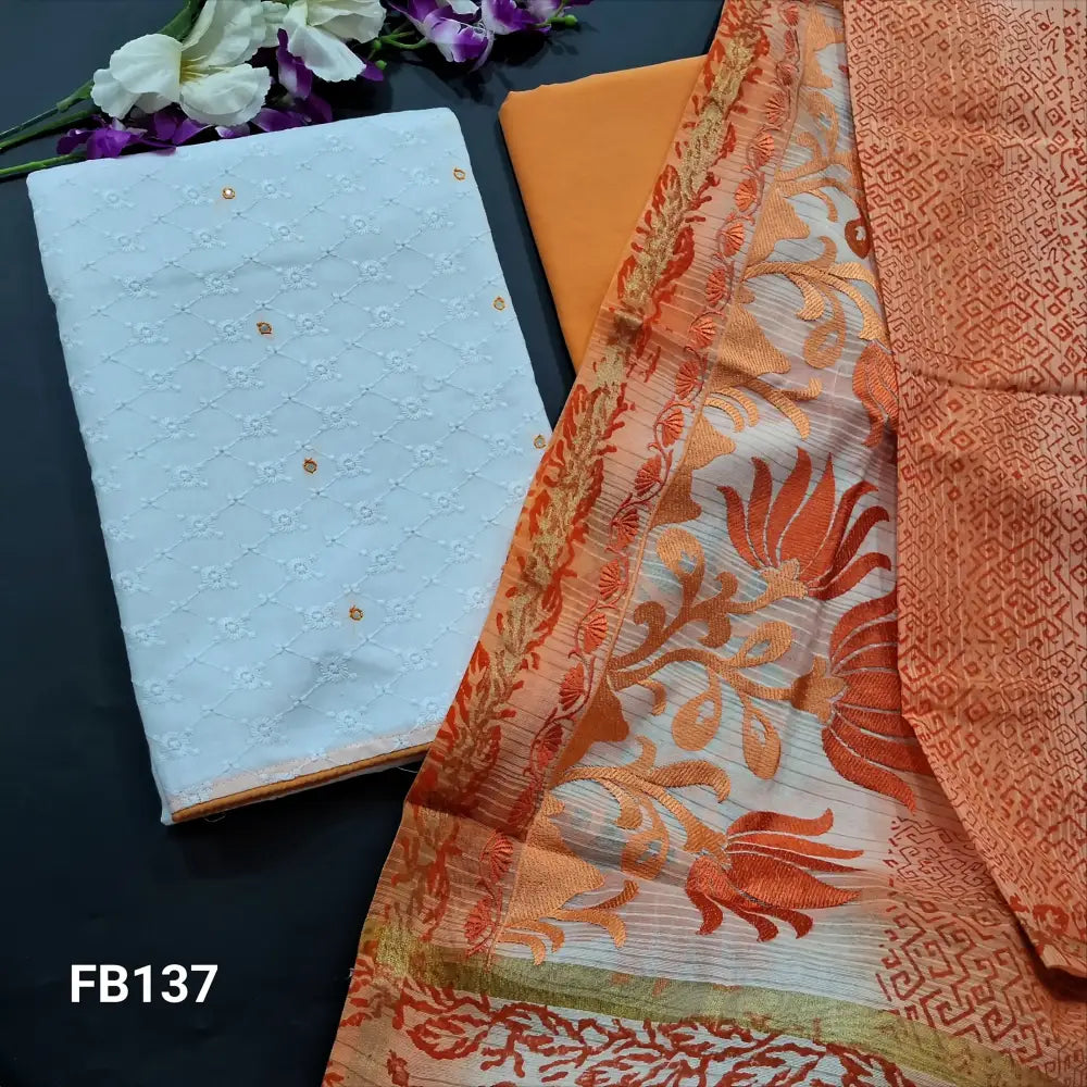 CODE FB137: White self embroidered cotton unstitched salwar material faux mirror work on yoke(thin fabric lining