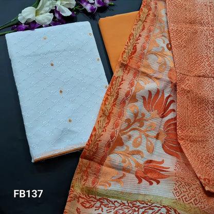 CODE FB137: White self embroidered cotton unstitched salwar material faux mirror work on yoke(thin fabric lining