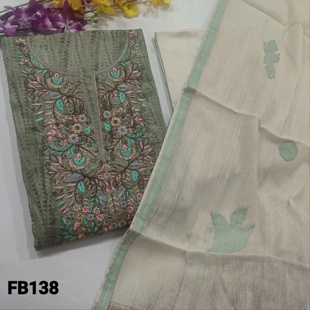 CODE FB138: Light cement green printed satin cotton unstitched salwar material embroidered on yoke(lining optional)half